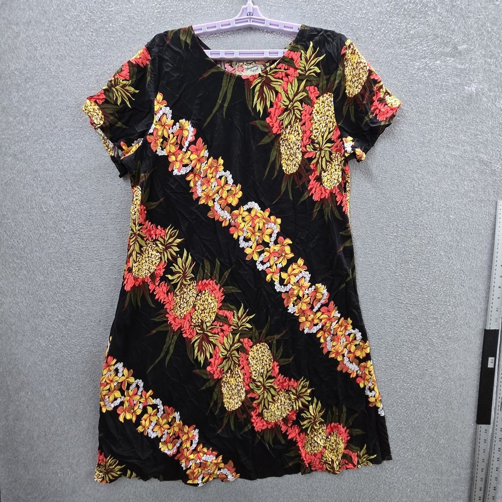VINTAGE Hilo Hattie Women Dress XL Black Floral A-Line Hawaiian Resort USA